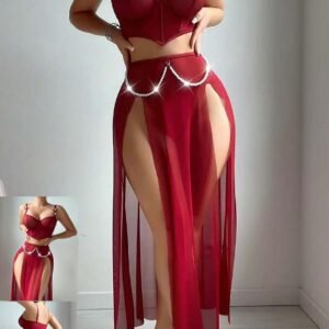 SHENHE Women's 3-Piece Mesh Lingerie Set – Bustier Corset Bra, Thong & Split Maxi Skirt Set | Elegant Bridal & Party Wear